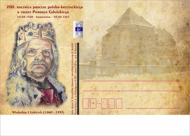 Na karcie widnieje król Łokietek (taki sam jak na znaku opłaty pocztowej) i inowrocławska fara