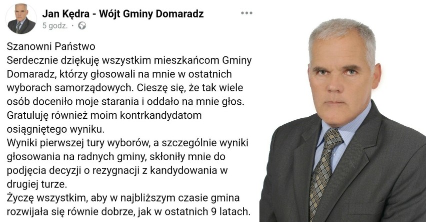 Jan Kędra, obecny wójt gminy Domaradz, po przejściu do...