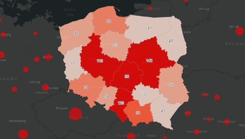 Dzienna liczba zakażeń w województwach