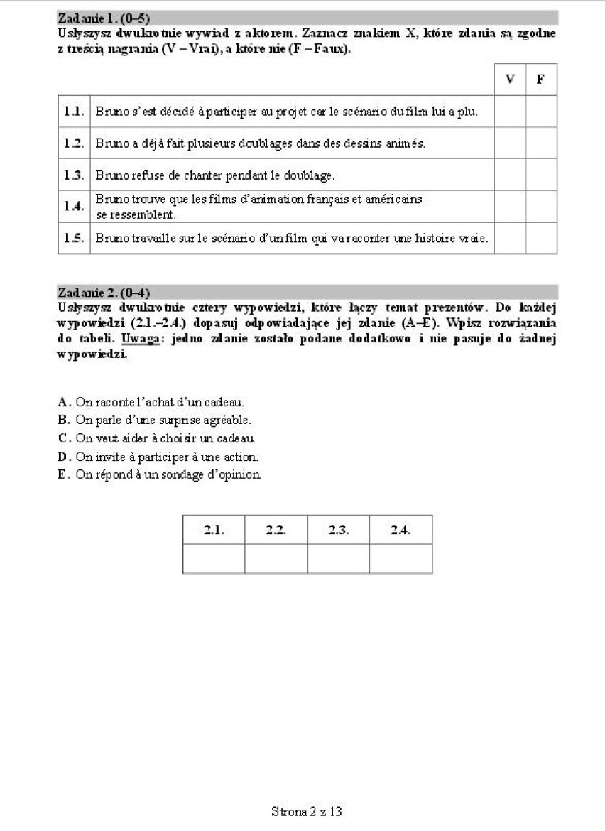 Próbna matura 2014. FRANCUSKI poziom podstawowy 2015...