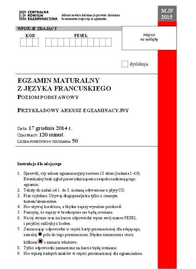 Próbna matura 2014. FRANCUSKI poziom podstawowy 2015 [ARKUSZE CKE, ODPOWIEDZI]