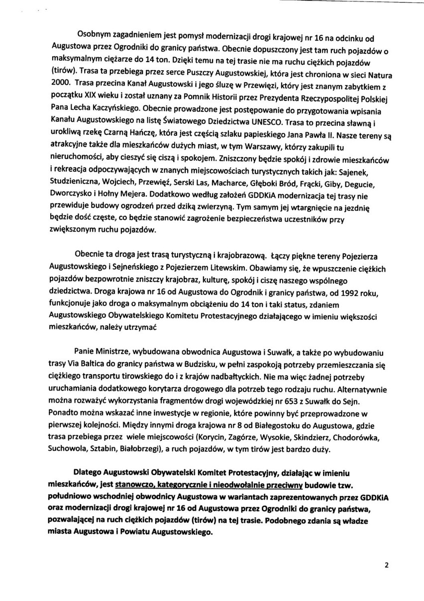 Augustowski Obywatelski Komitet Protestacyjny apeluje do premiera i ministra