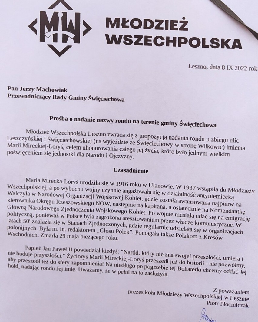 Młodzież Wszechpolska zgłosiła propozycję nazwy ronda w Święciechowie. Teraz decyzja należy do gminy ZDJĘCIA