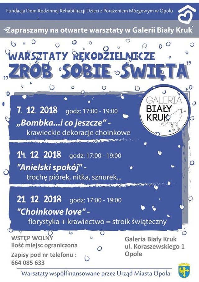 17:00 – 19:00 – Warsztaty rękodzielnicze „Anielski spokój” – trochę piórek, nitka, sznurek… – Galeria Biały Kruk, ul. Koraszewskiego 1, Opole (zapisy pod nr tel. 664085633)