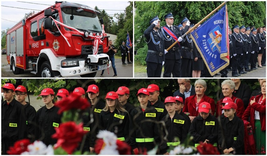 Oficjalne przekazanie wozu bojowego dla jednostki OSP w Szymbarku. W trakcie uroczystości strażacy musieli wyjechać do akcji