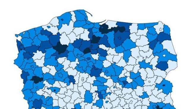 Mapa dziennych zakażeń w Polsce z podziałem na powiaty - im ciemniejszy kolor, tym ich więcej w przeliczeniu na 10 tysięcy mieszkańców