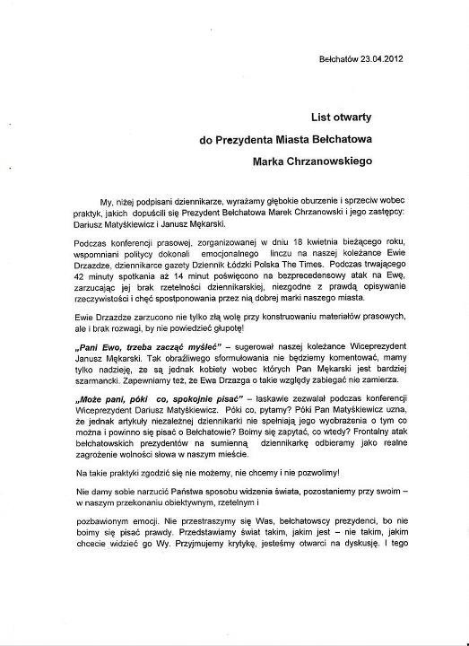 List otwarty do prezydenta Bełchatowa