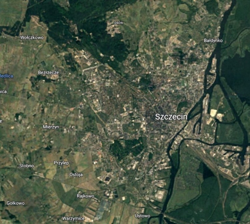Szczecin w Google Earth w 1995, lewobrzeże
