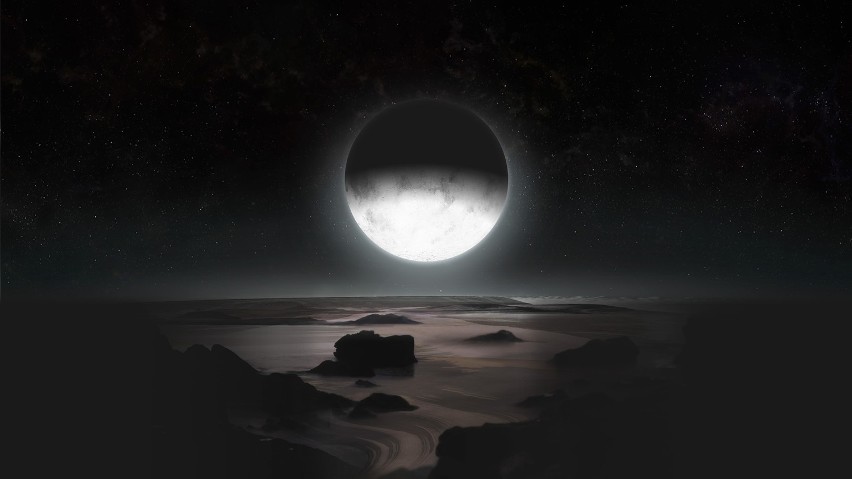 Największy księżyc Plutona, Charon, unosi się nad...