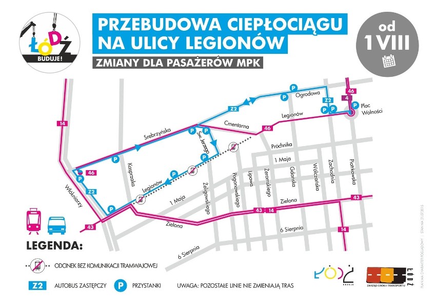 Utrudnienia na ulicy Legionów i Pogonowskiego w Łodzi.
