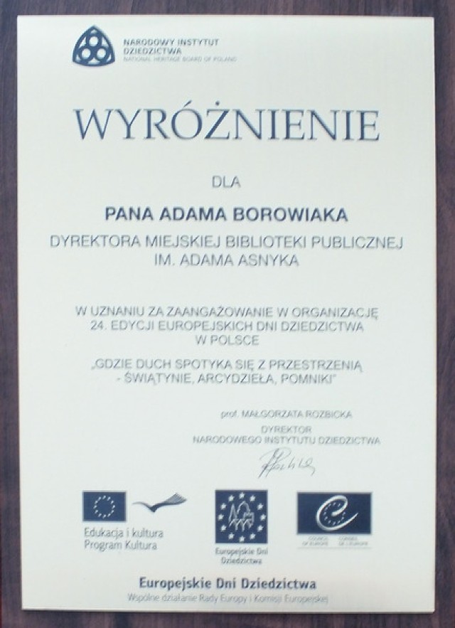 Miejska Biblioteka Publiczna im. Adama Asnyka w Kaliszu została wyróżniona za zaangażowanie w organizację 24. Edycji Europejskich Dni Dziedzictwa.