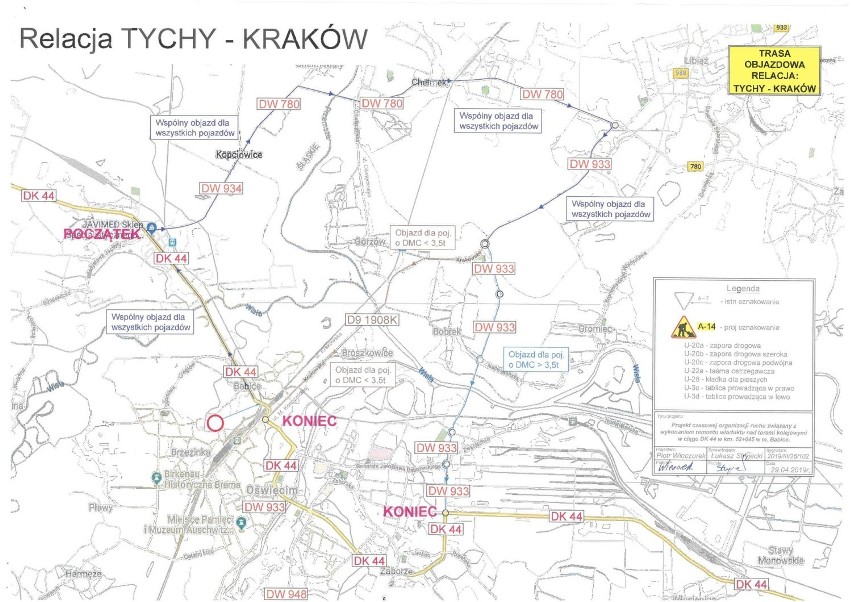 Trasa objazdu dla pojazdów od strony Tychów do Krakowa