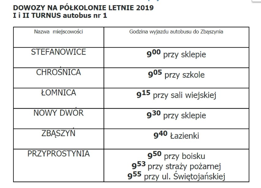 Informacja na temat dowozów na Półkolonie Letnie w Zbąszyniu