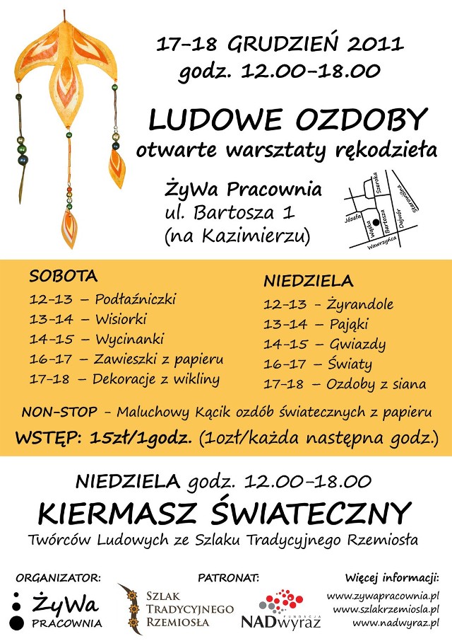 Plakat promujący Warsztaty Ludowych Ozdób i Kiermasz Świąteczny na Kazimierzu