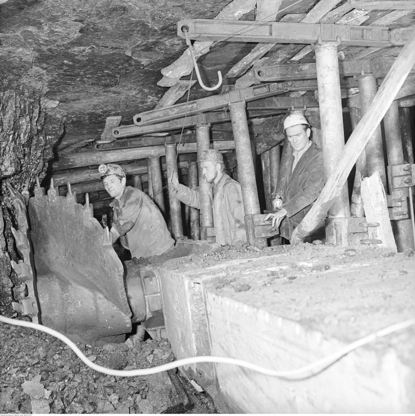 Wydobycie węgla za pomocą kombajnu. Jaworzno, 1968-69