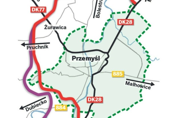 Orientacyjna mapa przyszłego przebiegu zachodniej obwodnicy Przemyśla.