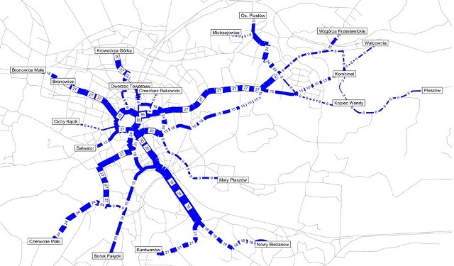 Liczba tramwajów w godzinie szczytu komunikacyjnego po wprowadzeniu zmian w komunikacji w Krakowie.