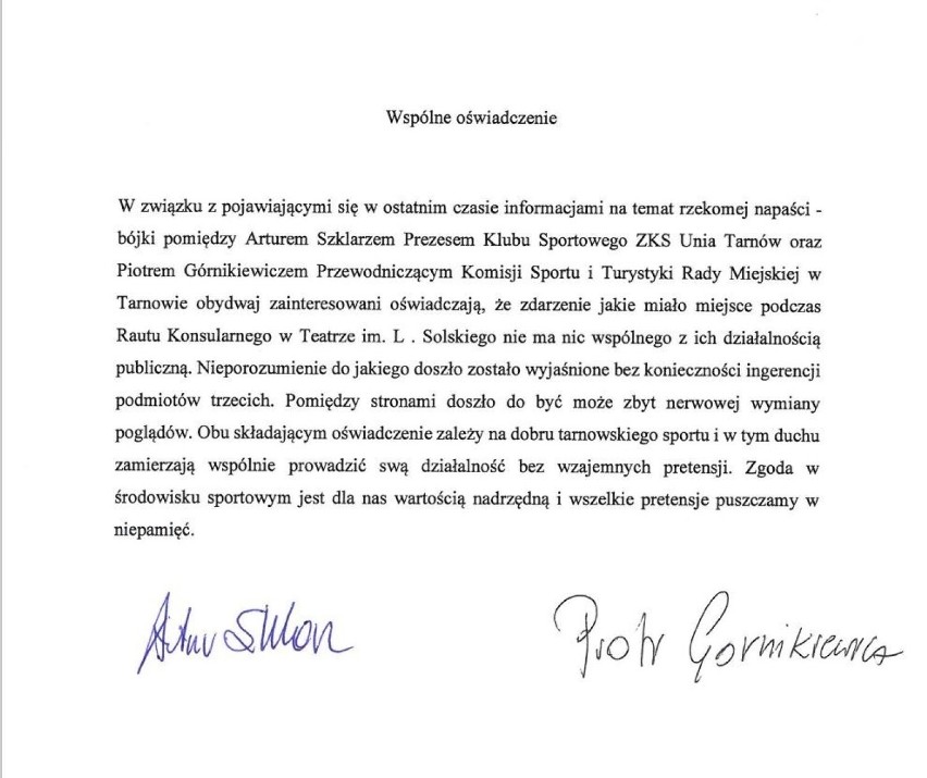 Radny Piotr Górnikiewicz i prezes Unii Artur Szklarz wyjaśnili sobie nieporozumienie, do którego doszło między nimi na raucie konsularnym