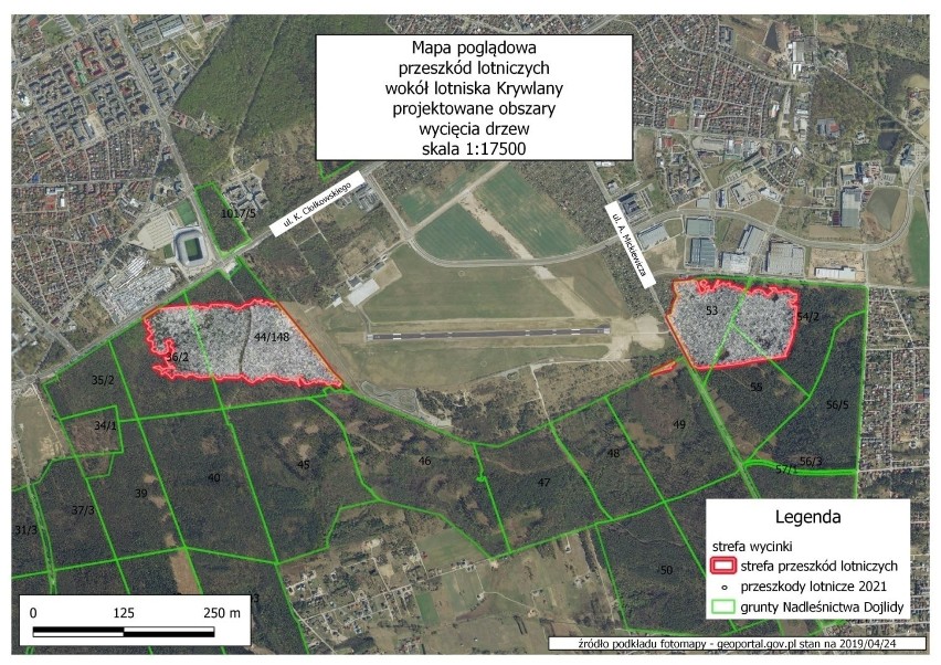 Mapa poglądowa przeszkód lotniczych wokół lotniska Krywlany