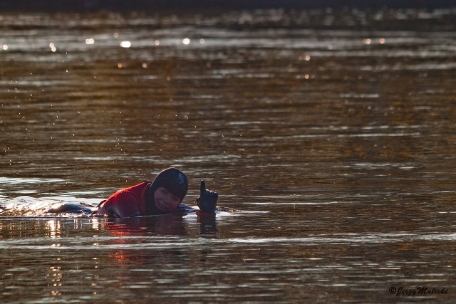 25 listopada 2011r. Odra w Nowej Soli. 6 km dystans kończy Teresa Koczubik. Temperatura wody 3 stopnie C.