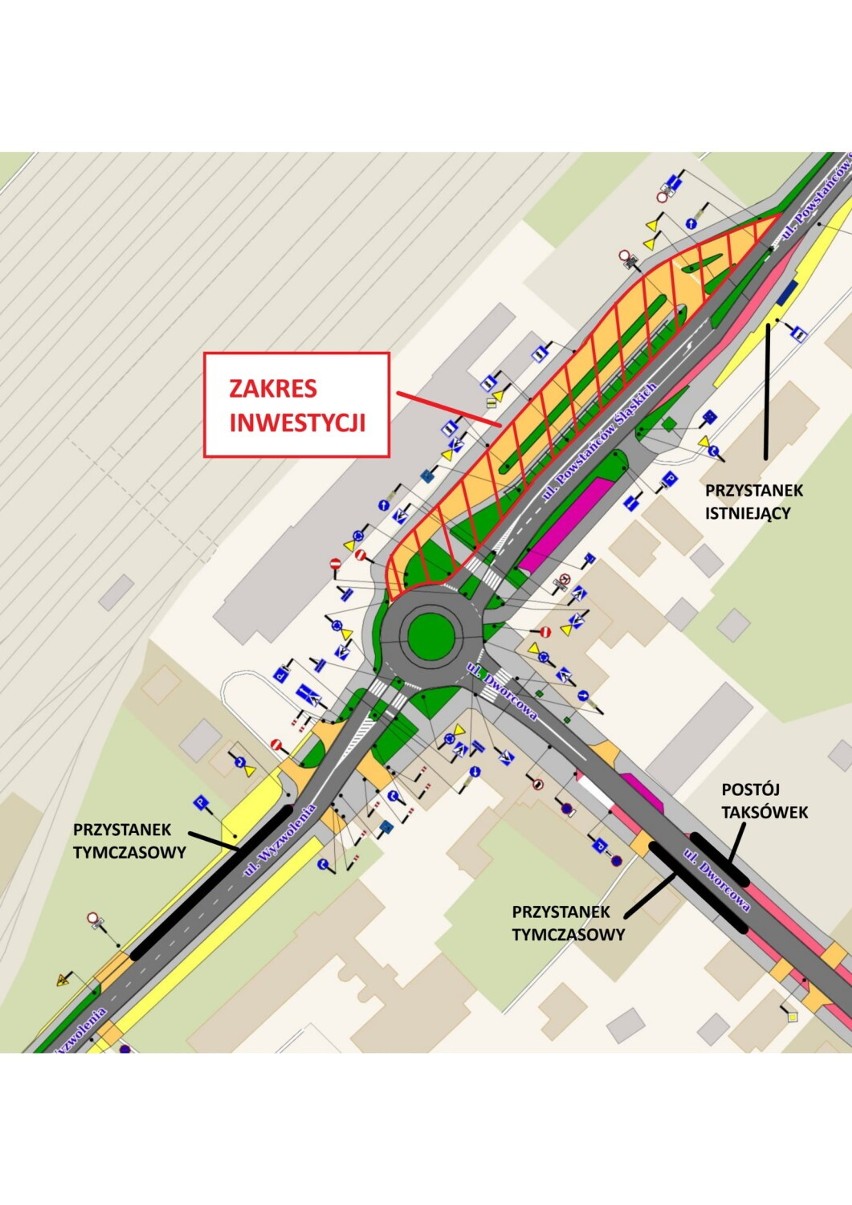 Plan sytuacyjny z tymczasowymi przystankami autobusów i...