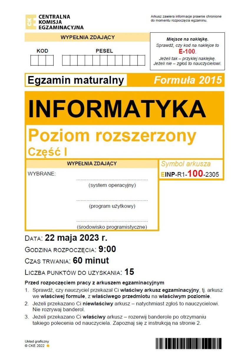 Arkusz maturalny z informatyki w formule 2015.