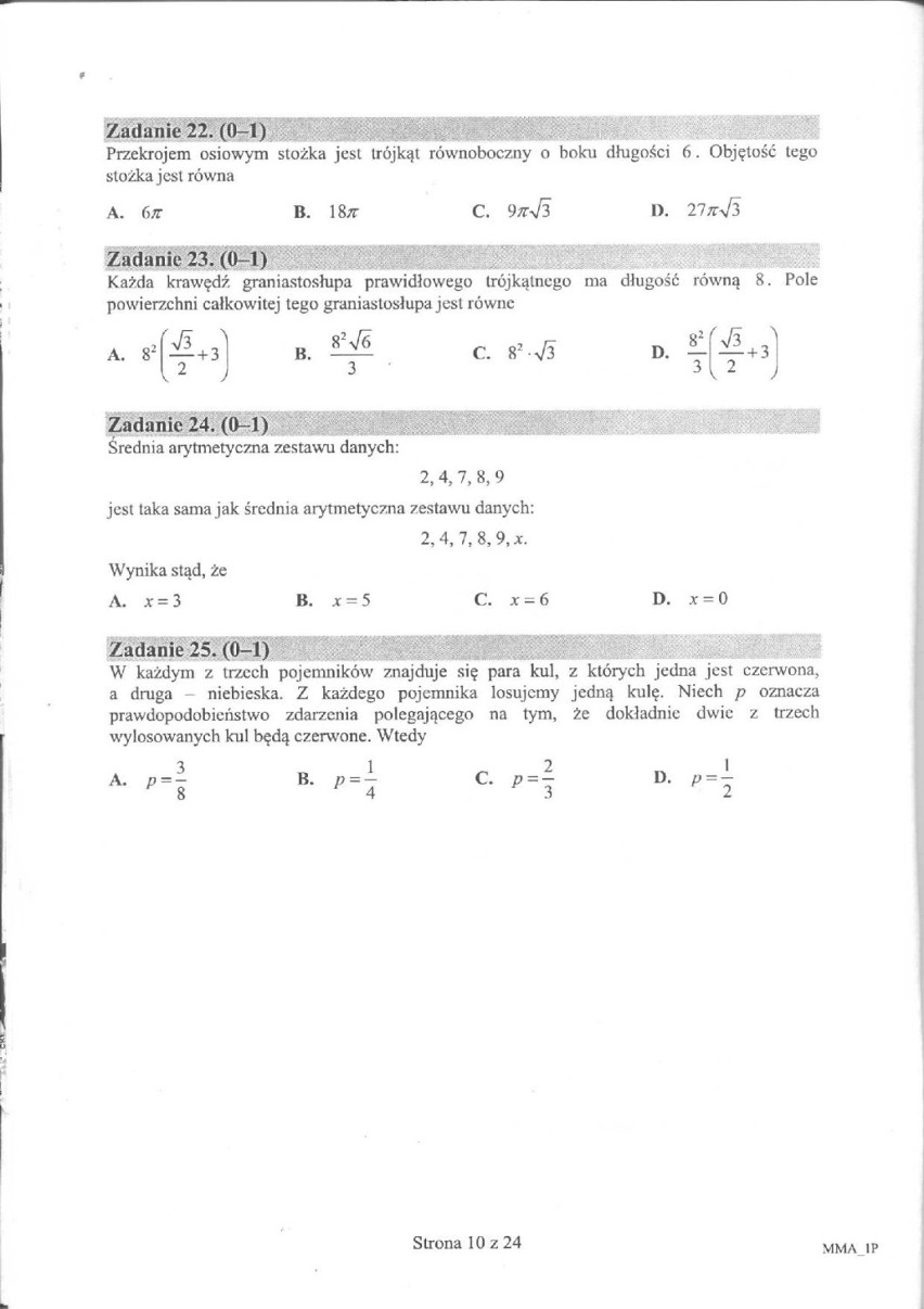 Matura matematyka arkusz poziom podstawowy - liceum