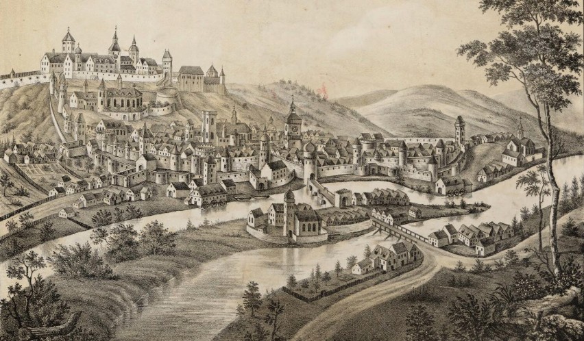 Panorama Kłodzka ok. 1500 r.; F. A. Pompejus ok. 1860 r.