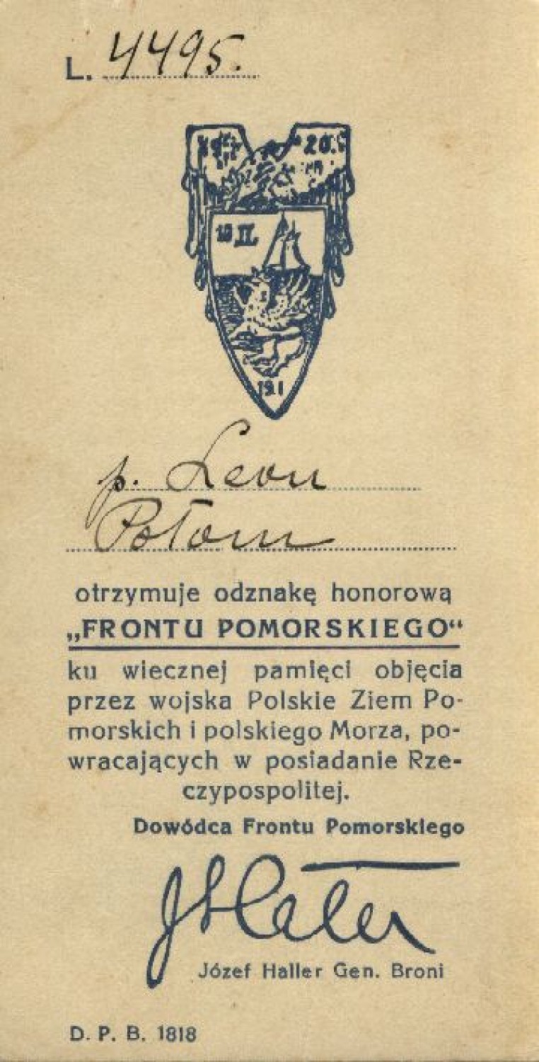Legitymacja Odznaki Frontu Pomorskiego z podpisem gen. Józefa Hallera