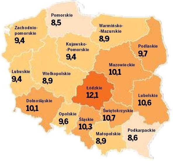 W województwie łódzkim żyje się najkrócej. Liczba zgonów na 1000 osób (według danych GUS za 2011 rok)