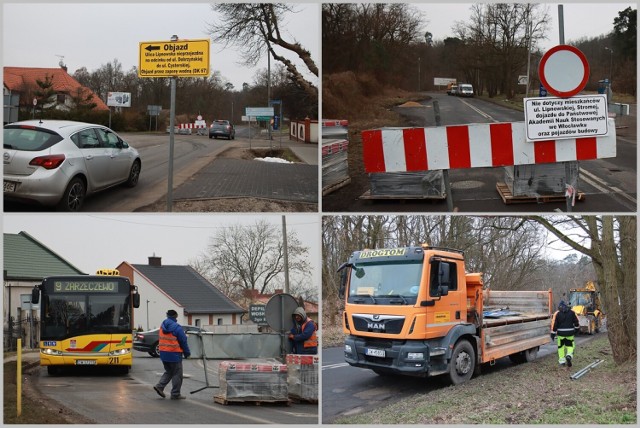 Pierwszy dzień remontu ulicy Lipnowskiej we Włocławku, skrzyżowanie ulicy Lipnowskiej i Dobrzyńskiej, 15 lutego 2023 roku.