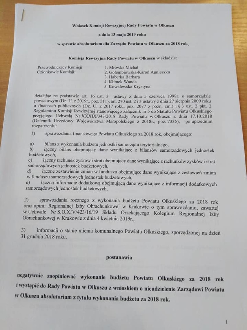 Negatywna opinia komisji dla absolutorium Zarządu Powiatu w Olkuszu