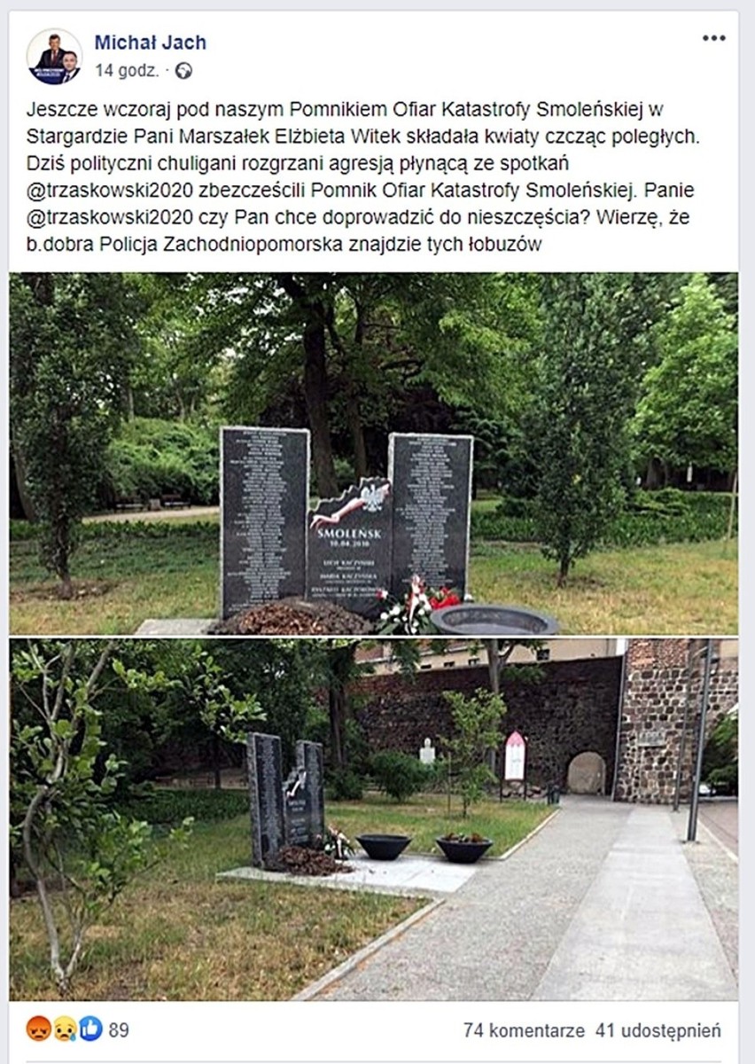 Akt wandalizmu przy pomniku smoleńskim w Stargardzie. PiS łączy go z wizytą marszałek Sejmu, która w niedzielę znów zawitała do Stargardu