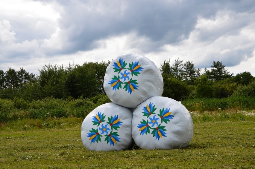 Prace w polu: gmina Puck pomalowała baloty w kaszubskie wzory