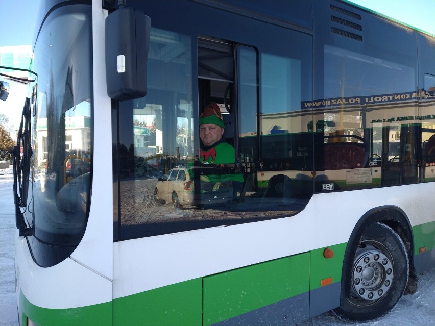 Pan Radosław w przebraniu elfa za kierownicą autobusu w...