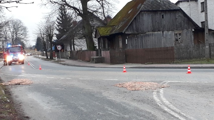 Drobiowe odpady rozrzucone na drodze krajowej nr 48 w Poświętnem [ZDJĘCIA]