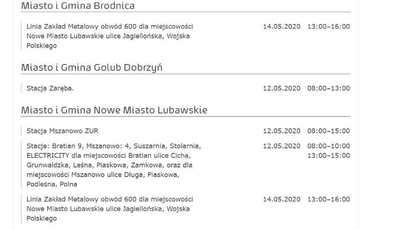 Wyłączenia prądu w regionie. Brodnica, Toruń, Grudziądz, Radziejów, Rypin, Włocławek