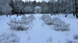 Park Zielona w Dąbrowie Górniczej pod śniegiem. Biały puch otulił alejki, staw, mostki i plac zabaw  