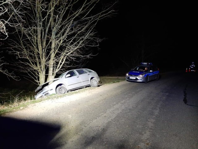 Wypadek w Malczewie. Nocne zderzenie Skody z drzewem