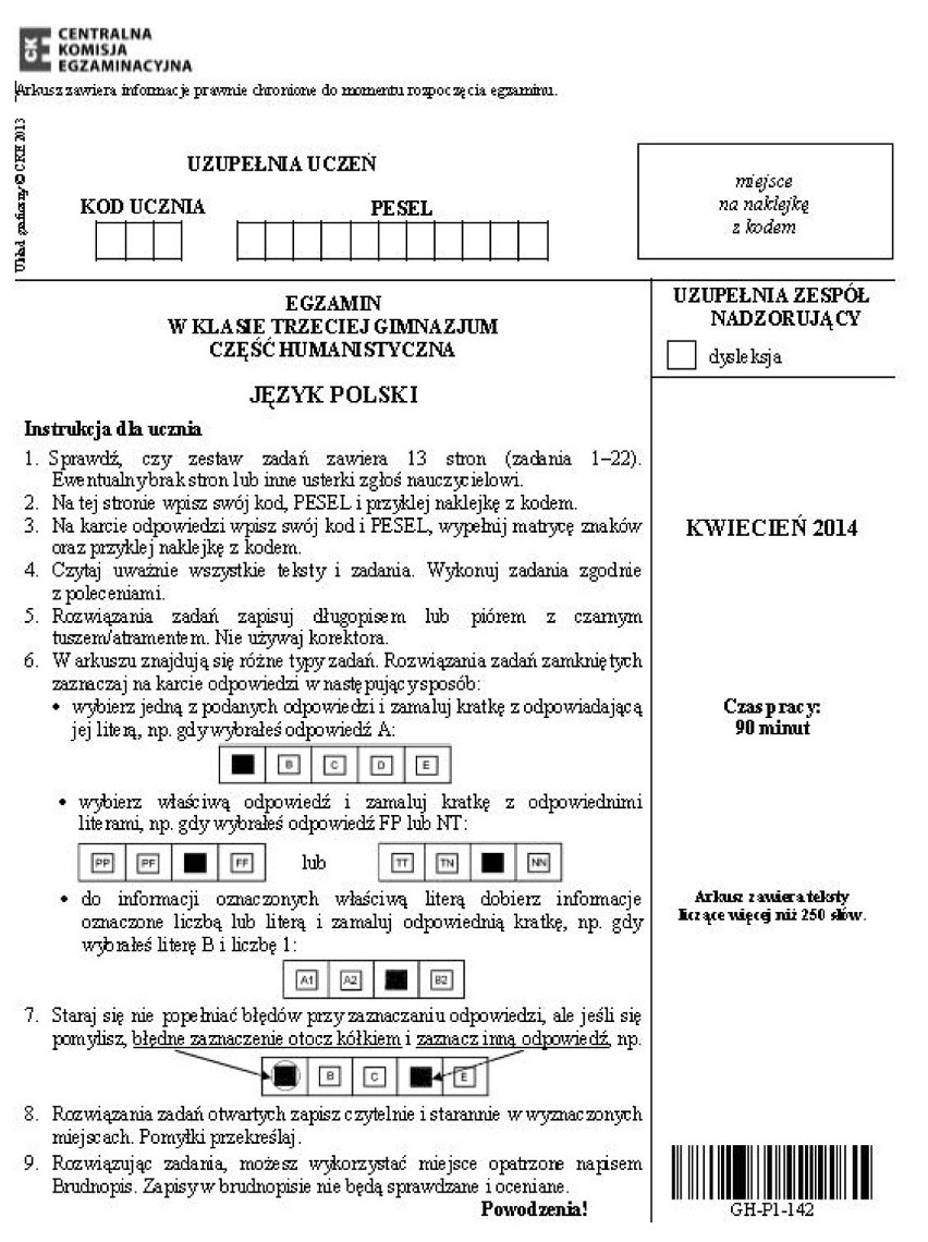 Egzamin gimnazjalny 2014. Język polski