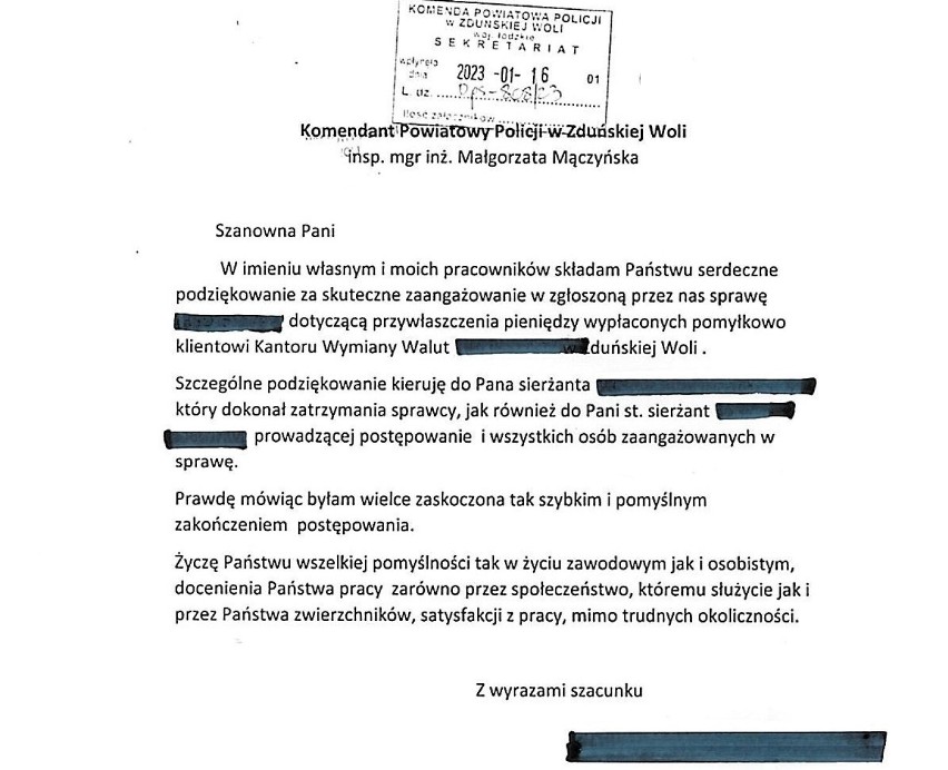 Podziękowanie dla policjanta ze Zduńskiej Woli. Złapał oszusta z kantoru