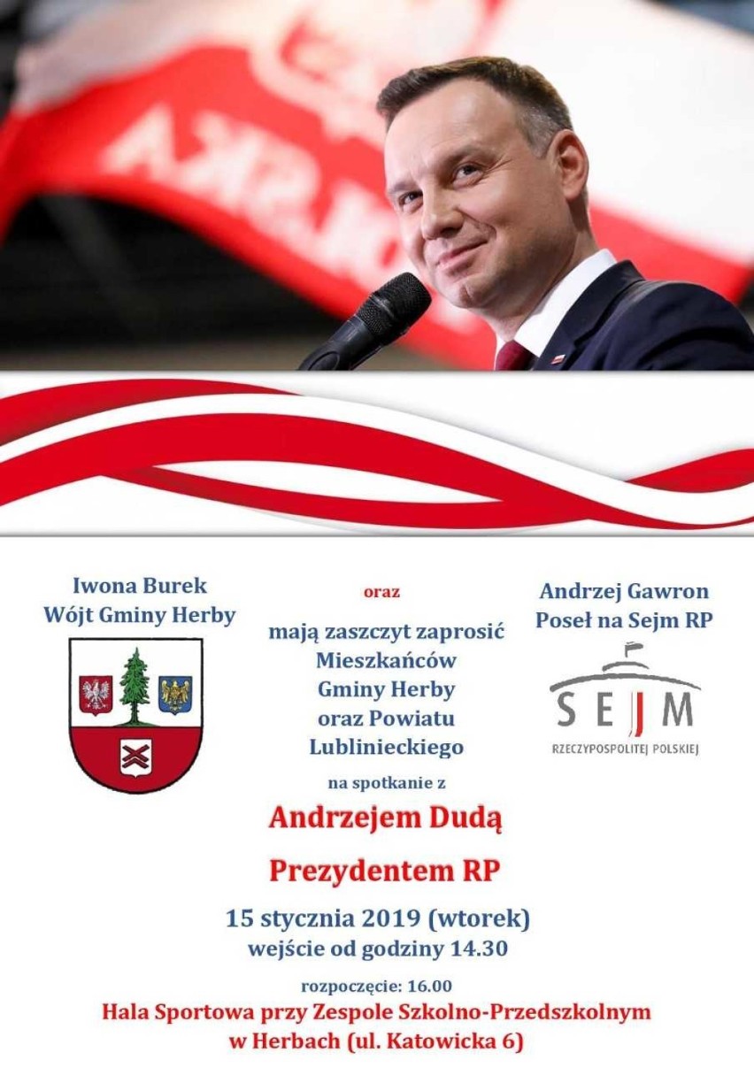 Prezydent RP Andrzej Duda i szef MON Mariusz Błaszczak w Lublińcu i Herbach. Wizyta w JWK, spotkanie z mieszkańcami w hali sportowej