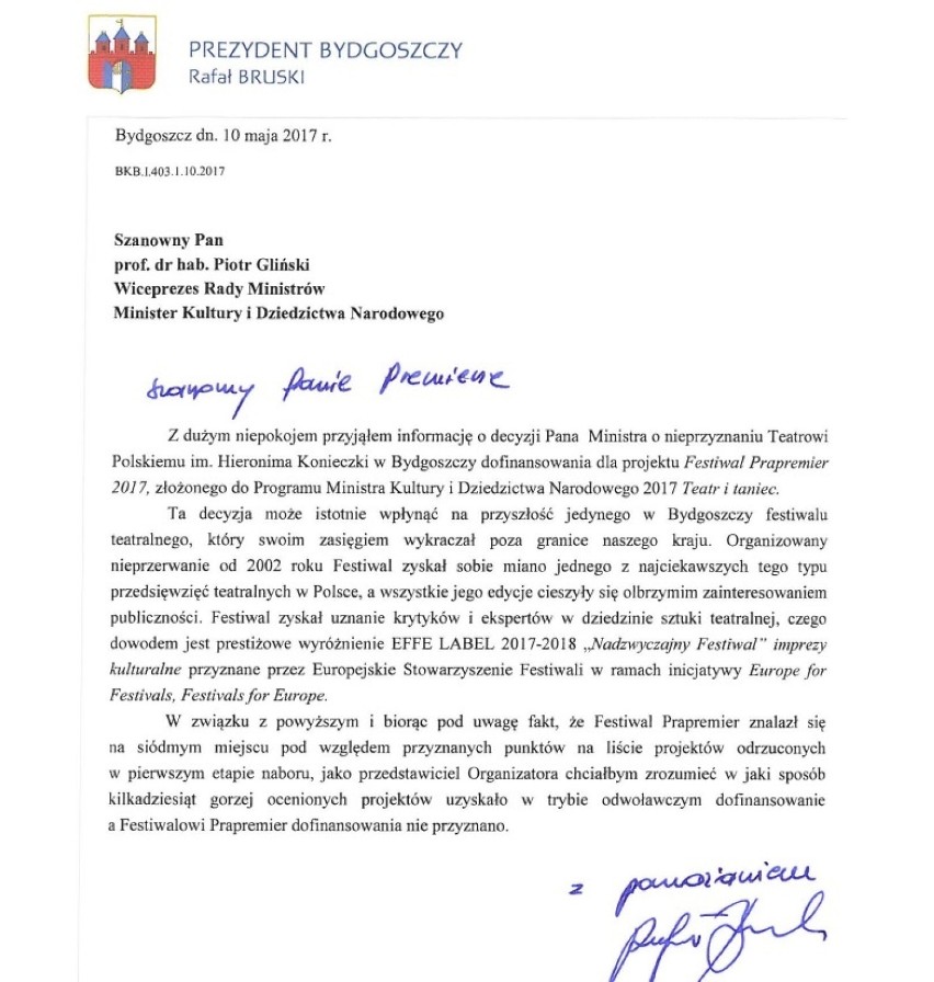 Prezydent Bydgoszczy chce wyjaśnień od ministra w sprawie braku dotacji na Prapremiery [list]