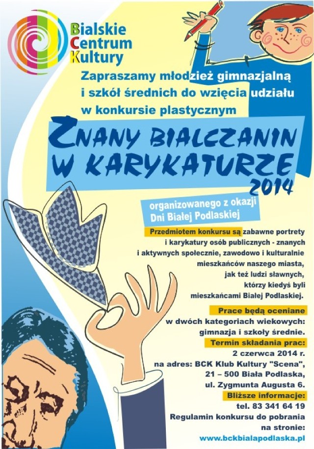 Bialskie Centrum Kultury zaprasza młodzież do udziału w konkursie "Znany bialczanin w karykaturze"