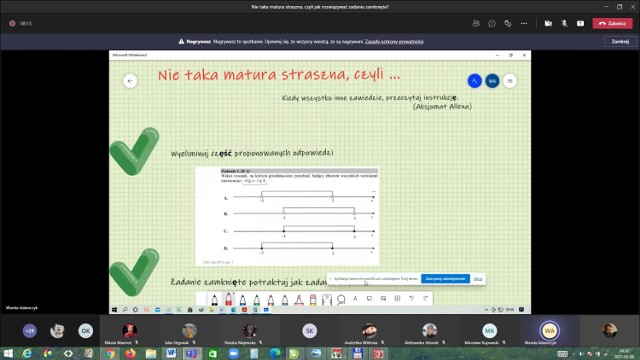Zrzut ekranu z webinarium Wandy Adamczyk pt. „Nie taka matura straszna, czyli jak rozwiązywać zadania zamknięte”.