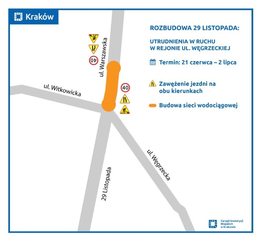 Kraków. Kolejne utrudnienia związane z rozbudową al. 29 Listopada. Zwężona została jezdnia w rejonie ul. Węgrzeckiej