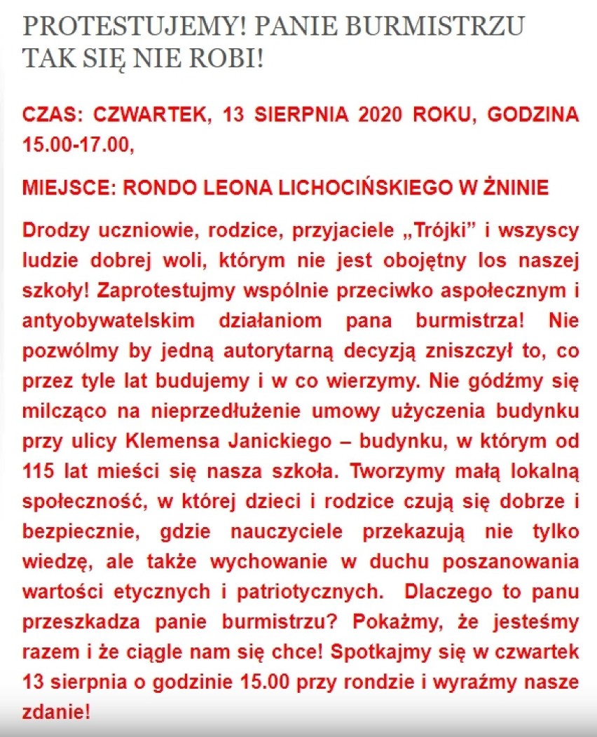 Żnin. Rodzice walczą o szkołę "Trójkę". Dziś protest przy rondzie Leona Lichocińskiego. "Panie burmistrzu, tak się nie robi!" 