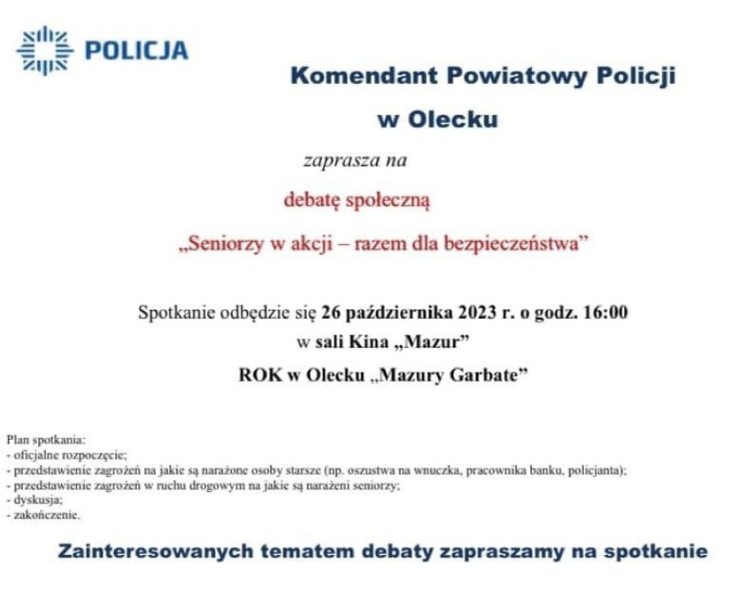 Policjanci komendy powiatowej w Olecku zapraszają na debatę społeczną
