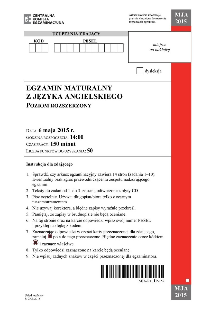 Matura 2015. Język ANGIELSKI poziom rozszerzony [ODPOWIEDZI,...