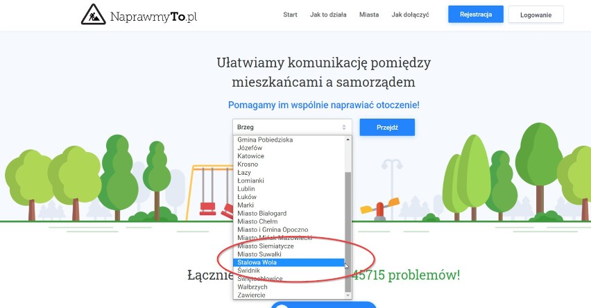 Screen ze stroną naprawmyto.pl, na której nie można wybrać...